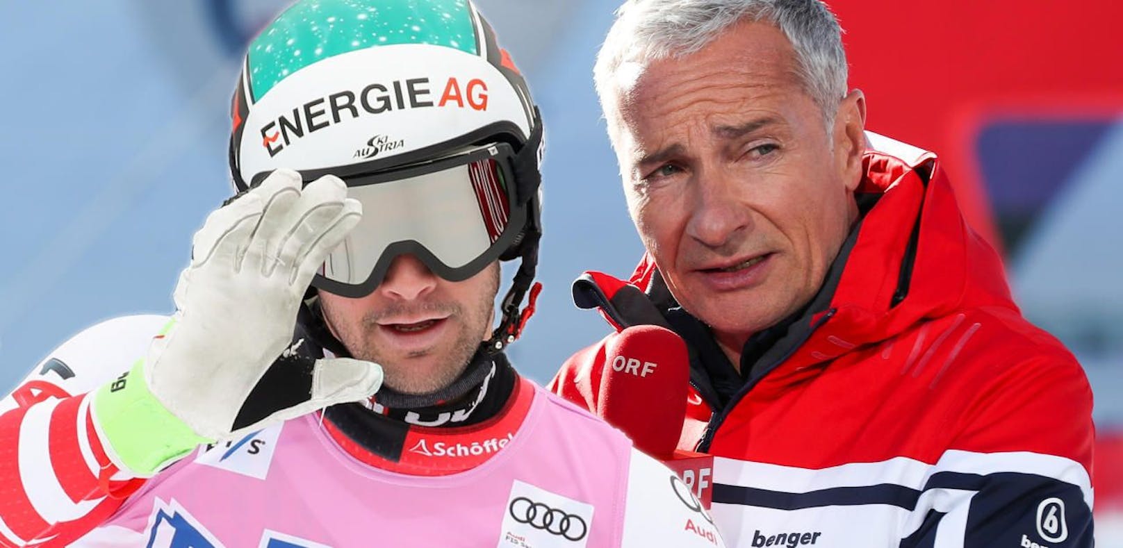 Vincent Kriechmayr und Rainer Pariasek verkürzen den Ski-Fans mit einem lockeren Interview die Wartezeit.