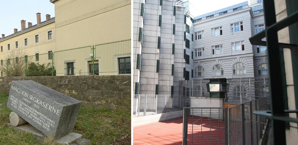 Li.: Die Madgeburgkaserne in Klosterneuburg, Re.: ein Trakt im "Landl", der Justizanstalt Josefstadt