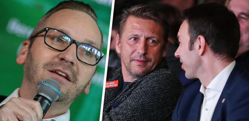 Links Präsidentschaftskandidat Roland Schmid, rechts die beiden Geschäftsführer: Zoran Barisic (Sport), Christoph Peschek (Wirtschaft).