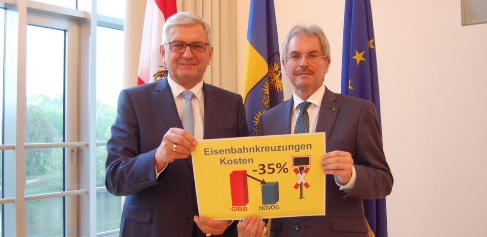Gemeindebund-Präsident Alfred Riedl (li.) und Verkehrslandesrat Karl Wilfing kritisieren die hohen Kosten für Eisenbahnkreuzungen.