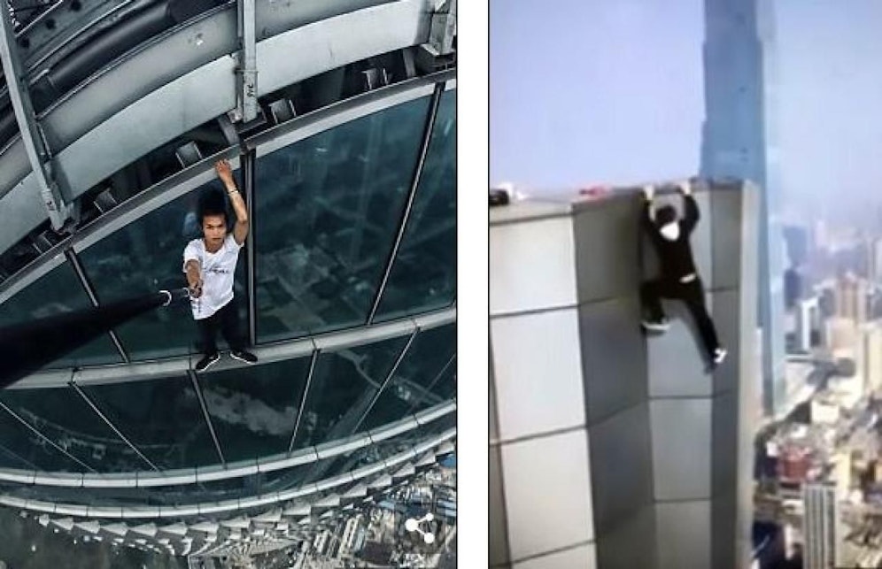 Wu Y. (26) war als Fassadenkletterer in China ein Star. Jetzt stürzte er beim Klimmzüge machen an einem Gebäude in Changsha (re.) in den Tod. 