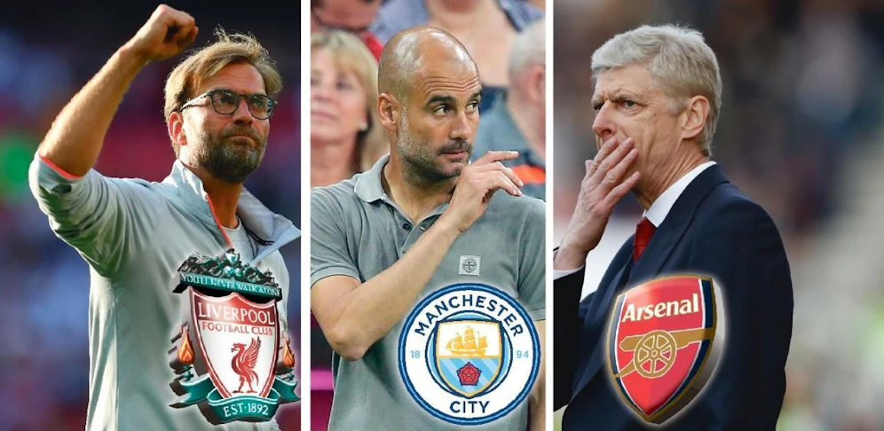 Jürgen Klopp (li.) spielt mit Liverpool in der Champions-League-Quali, Manchester City (Mi. Pep Guardiola) hat den Fixplatz. Arsenal (re. Arsene Wenger) muss in die Europa League.
