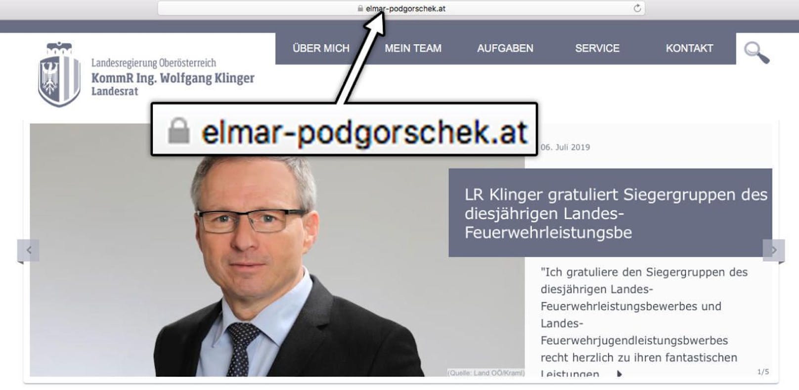 Der Screenshot zeigt: Klingers Homepage hat die Internetadresse seines Vorgängers, nämlich elmar-podgorschek.at.
