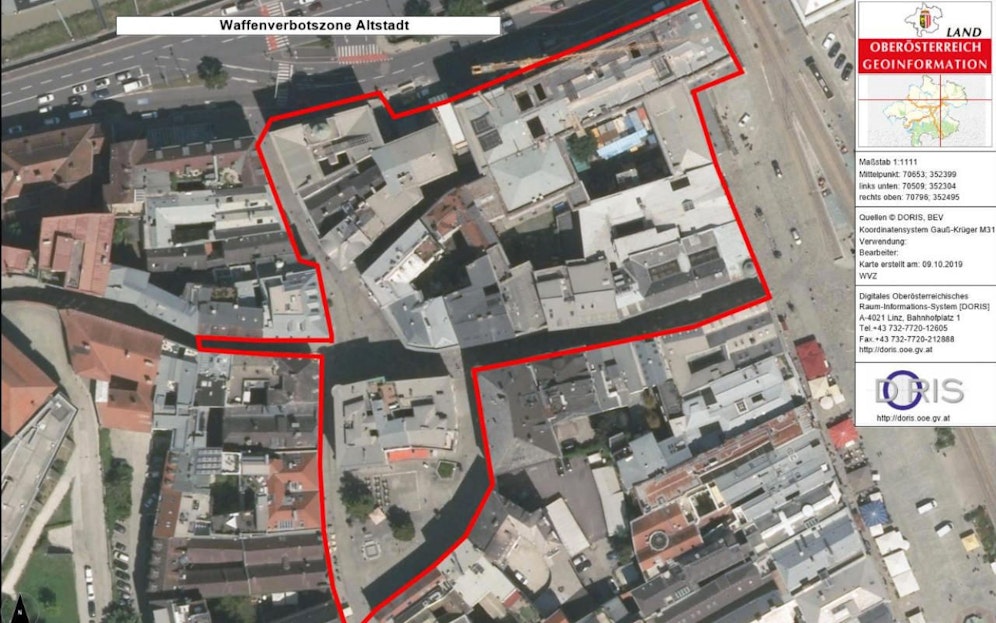 In diesem Bereich in der Linzer Altstadt gilt das Waffenverbot.