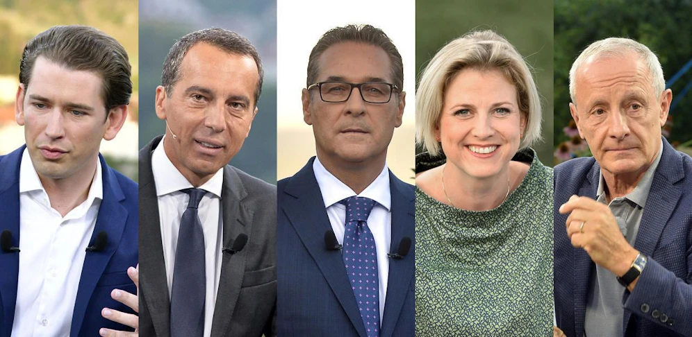 (v.l.) Sebastian Kurz (ÖVP), Christian Kern (SPÖ), Heinz-Christian Strache (FPÖ), Beate Meinl-Reisinger (NEOS), Peter Pilz (Liste Pilz)