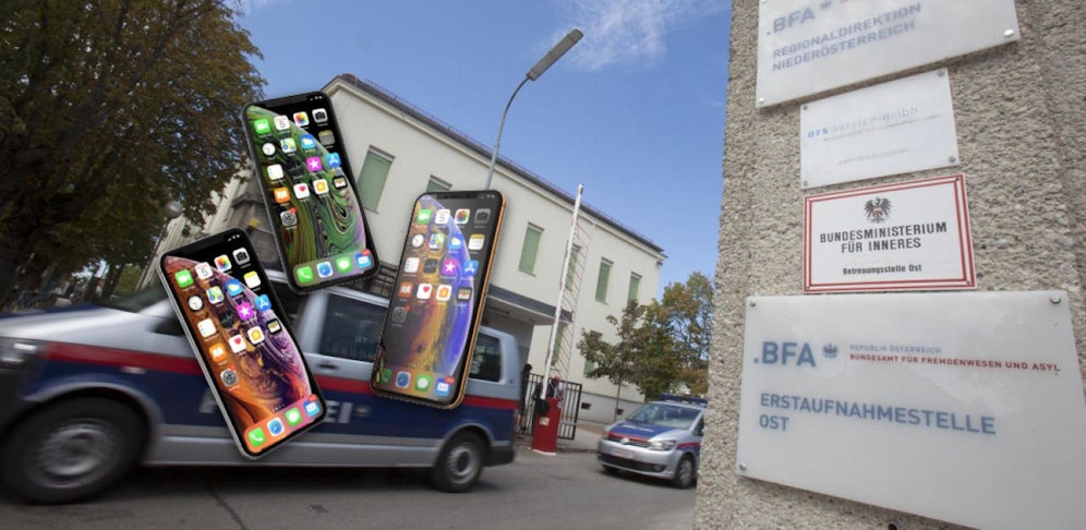 Das Asylzentrum und Symbolfotos von Handys.