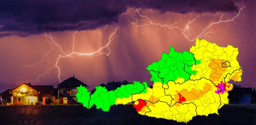 Die aktuelle Unwetterlage (14.50 Uhr) in Österreich. "heute.at"-Montage.
