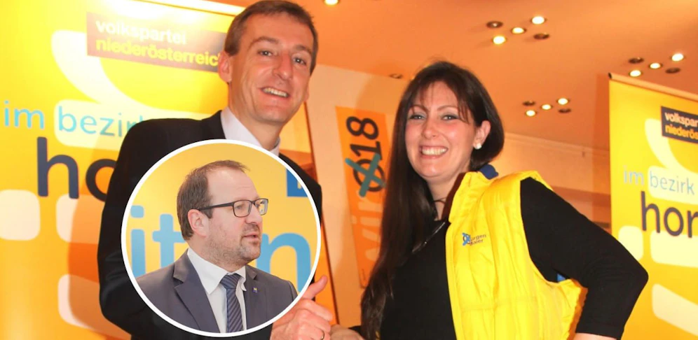 Der Horner Bürgermeister Jürgen Maier mit der werdenden Mutter Cornelia Weiß und Ebner am kleinen Foto.