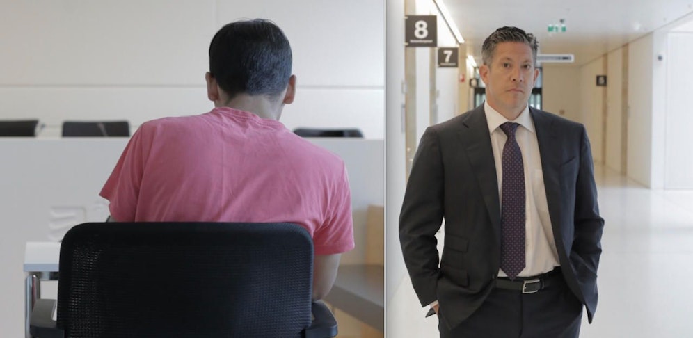 Anwalt Florian Höllwarth mit dem Angeklagten (li.)