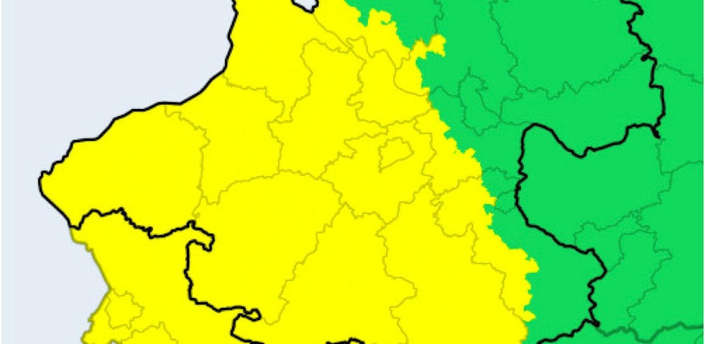 Die gelben Flächen zeigen, wo es heute noch Unwetter geben wird.