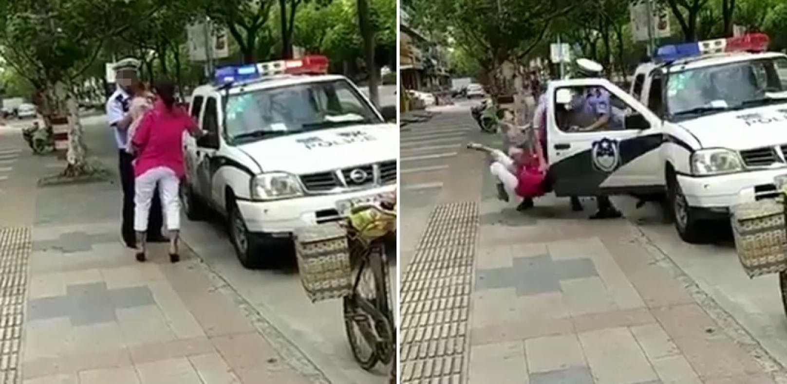 Polizisten strecken Mutter mit Kind am Arm nieder