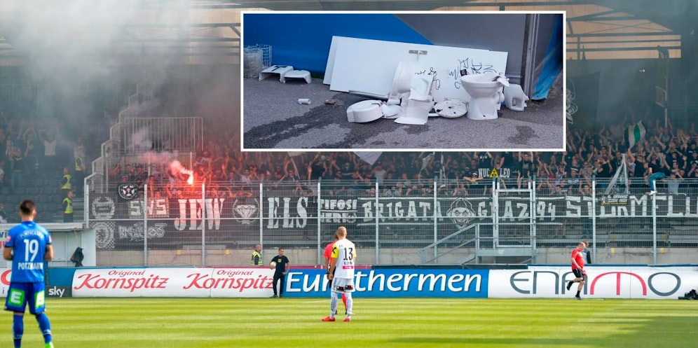Grazer Fans zerstörten die WC-Anlage im Gästesektor. 