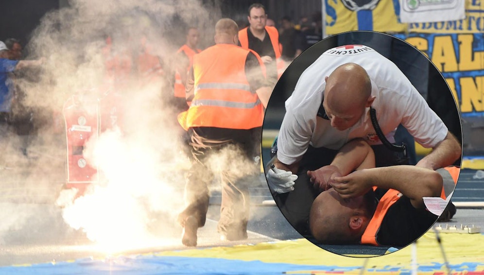 Ein Ordner wurde von einem Böller verletzt - Knalltrauma!