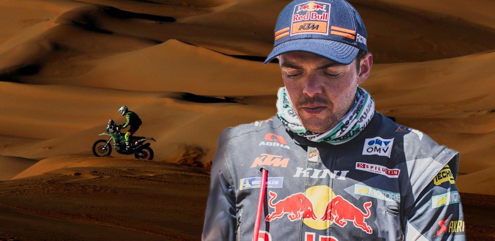 Matthias Walkner bei der Rallye Dakar. Im Hintergrund ist Edwin Straver zu sehen. Der Niederländer war nach einem Sturz zehn Minuten ohne Herzschlag und ist in kritischem Zustand. Rund eine Woche später erlag er seinen Verletzungen.