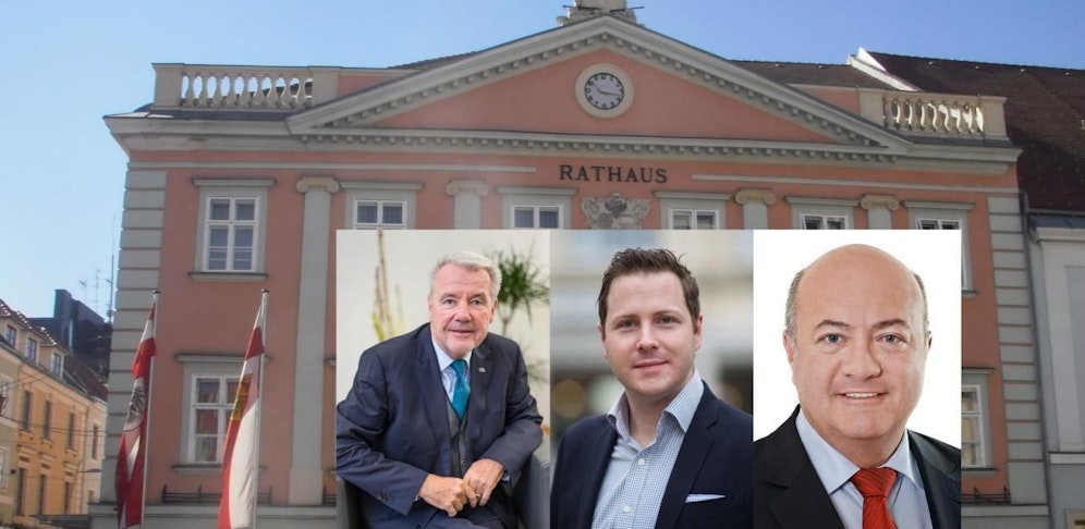 Bürgermeister Klaus Schneeberger (VP) und seine beiden Vizes Michael Schnedlitz (FP) und Christian Stocker (VP; v. li.) freuen sich über den Budgetüberschuss.