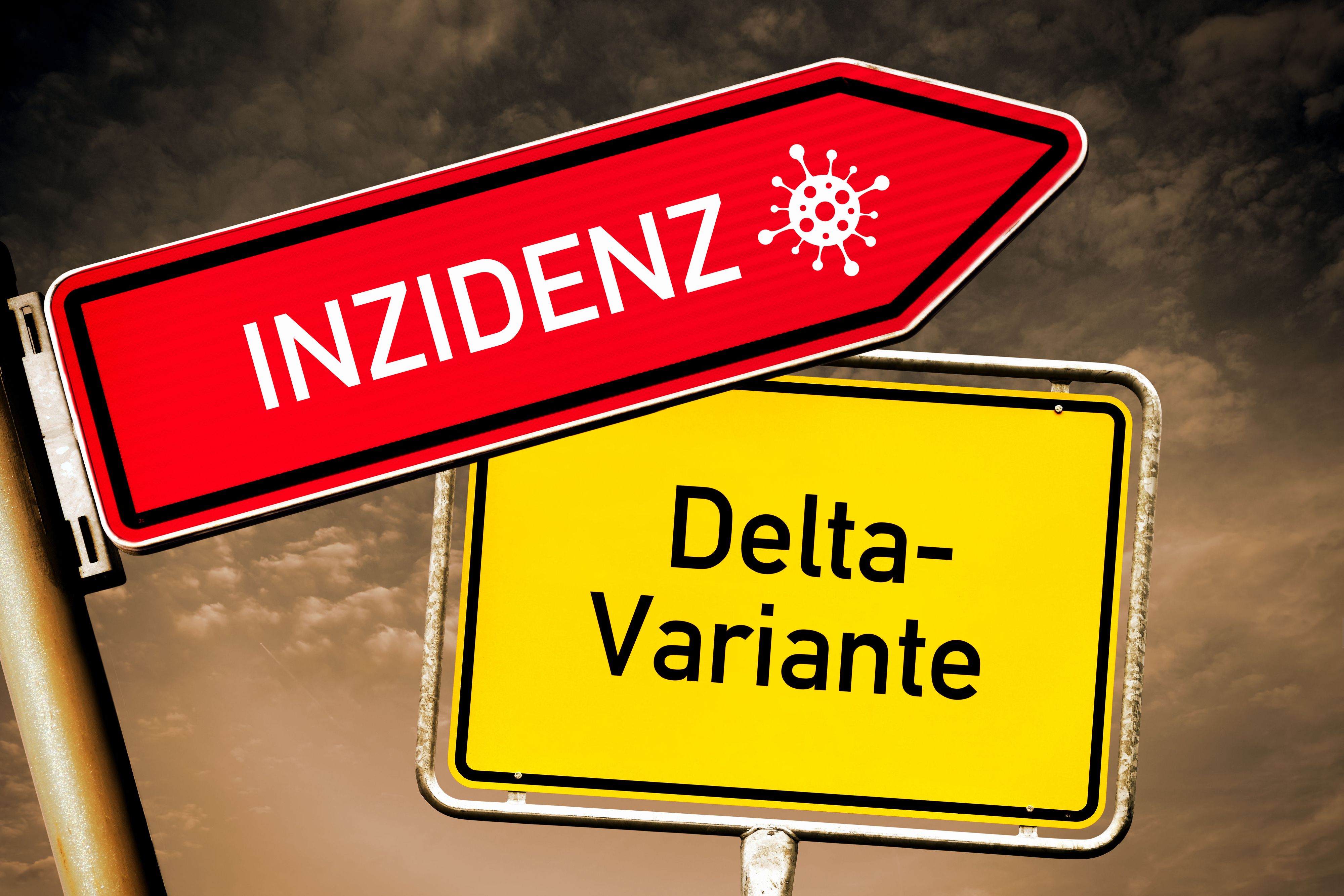 Download von www.picturedesk.com am 22.07.2021 (12:14).  ACT action_36326763 -- Wegweiser mit Aufschrift Inzidenz und Ortsschild mit Aufschrift Delta-Variante, Symbolfoto steigende Corona-Inzidenz im Herbst / action press - 20210719_PD2587 - Rechteinfo: Rights Managed (RM)