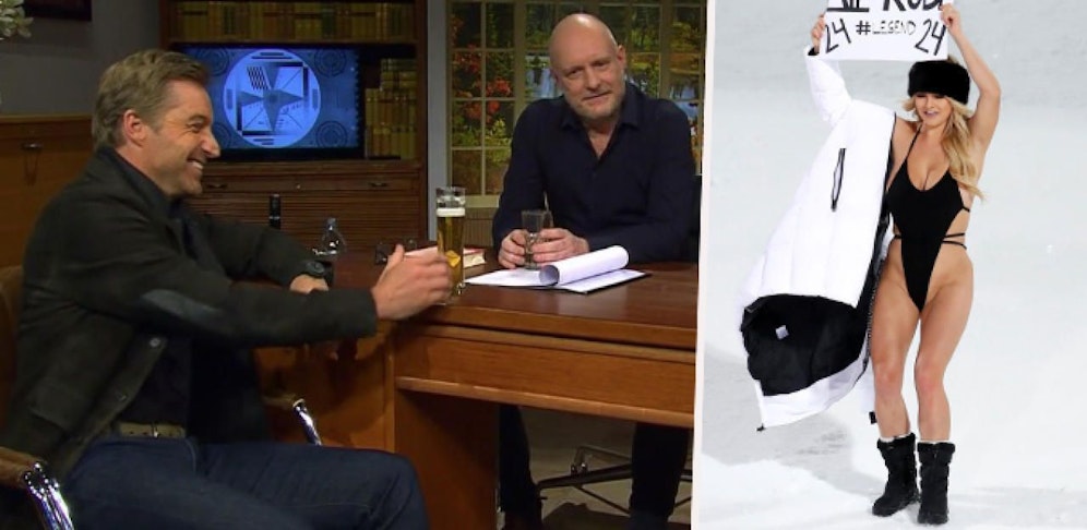 Hans Knauß zu Gast bei Willkommen Österreich. Rechts Flitzerin Kinsey Wolanski bei ihrem "Auftritt" in Schladming.