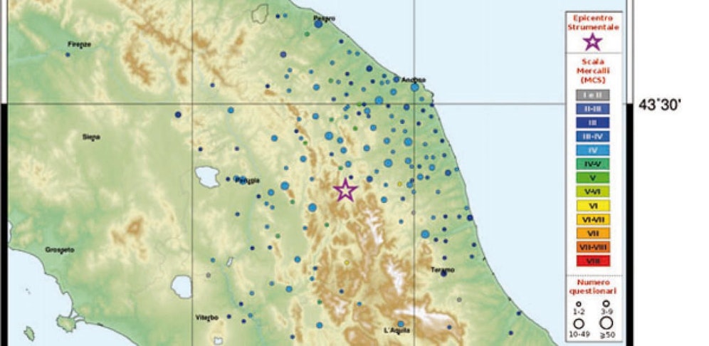 Das Epizentrum lag 2 Kilometer südwestlich von Muccia.