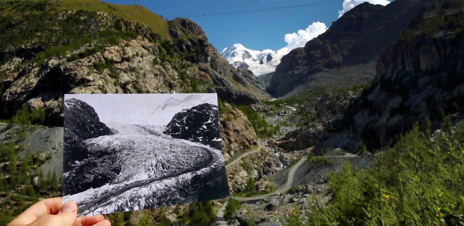 Der Gorner-Gletscher bei Zermatt in der Schweiz 1863 und heute. 