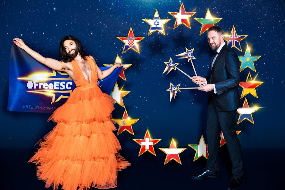 Conchita Wurst (links) und Steven Gätjen moderieren Stefan Raabs neuen #FreeESC-Event am 16. Mai. Fraglich ist noch, wer für Österreich an den Start gehen wird. 