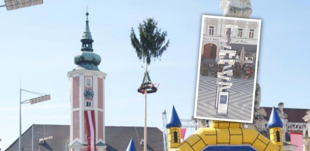 2018 wurde der Maibaum vom Wegweiser (kl. Foto) ersetzt.