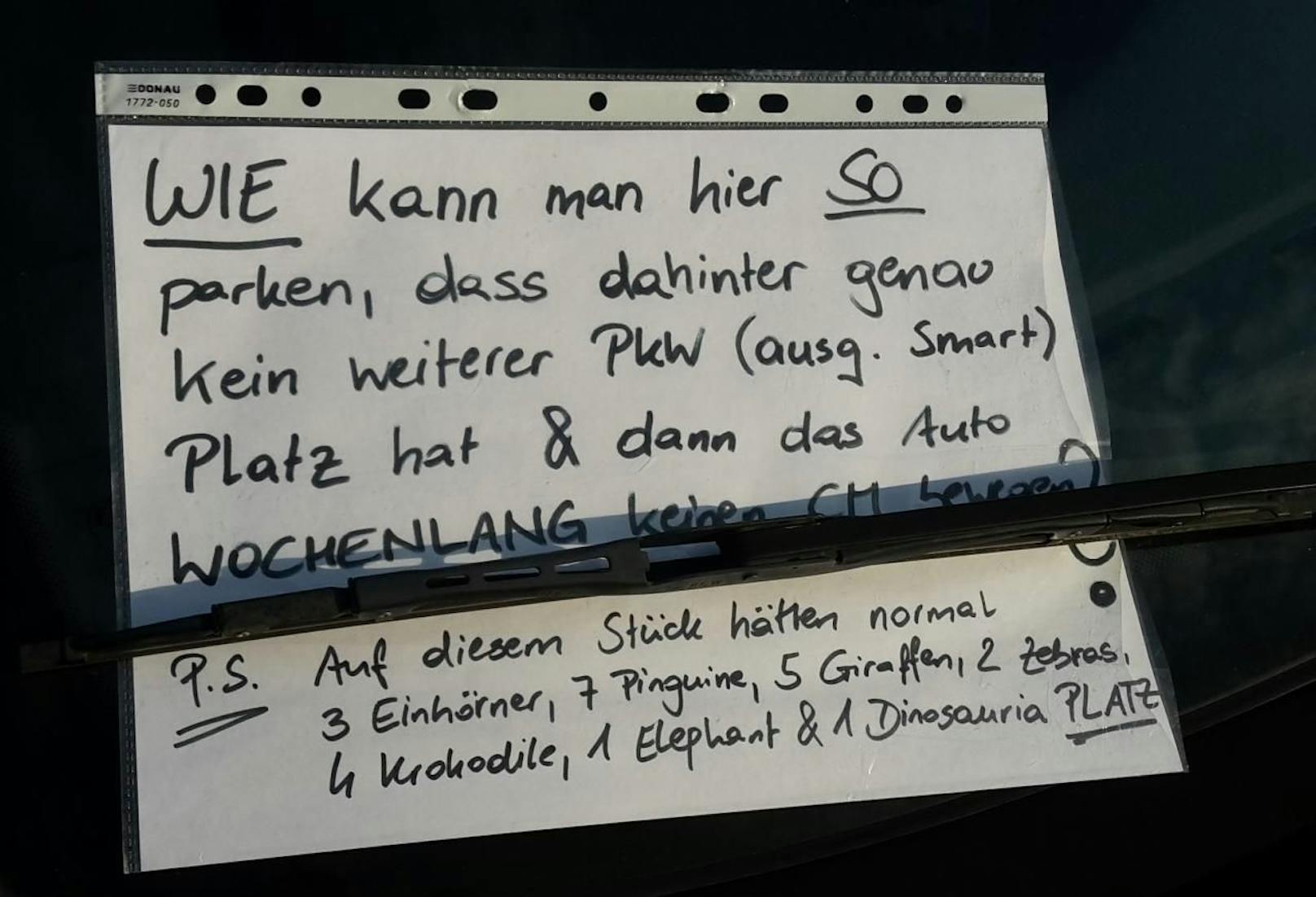 Wer mies parkt macht sich unbeliebt, das beweist dieser Brief in Wien-Donaustadt.