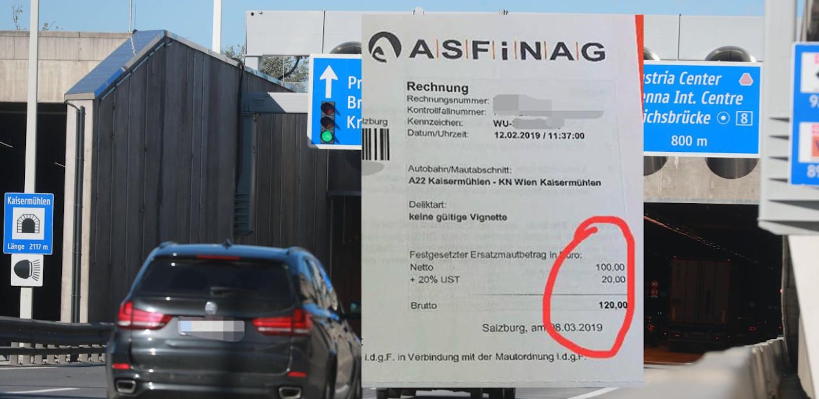 120 Euro Strafe der Asfinag nach der automatischen Vignettenkontrolle auf der A22 im Bereich Kaisermühlen.