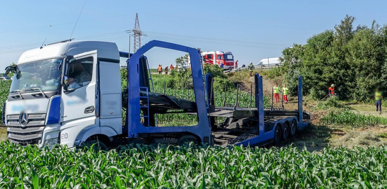Heute.at - Auto-Transporter fuhr nach Reifenplatzer in Maisfeld
