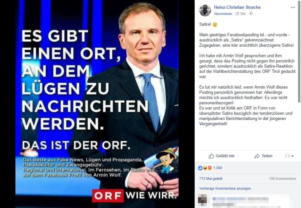 Das (mittlerweile gelöschte) Facebook-Posting von Heinz-Christian Strache.