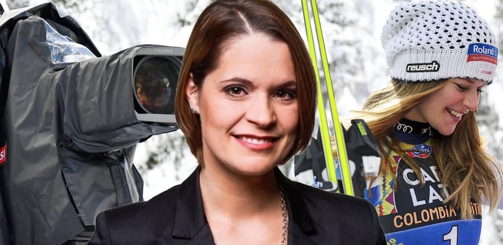 SRF-Kommentatorin Michele Schönbächler muss viel Kritik einstecken. Im Hintergrund die Schweizer Spitzenfahrerin Corinne Suter, deren Rennen sie unter anderem kommentiert. Bilder: Imago Images; SRF