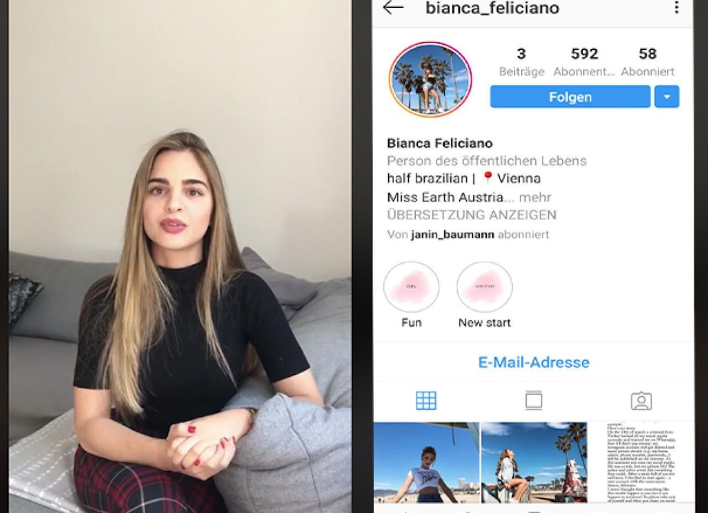 Das Facebook-Video, in dem sie warnt (l.). Bianca wurde 2017 Miss Earth Austria. 