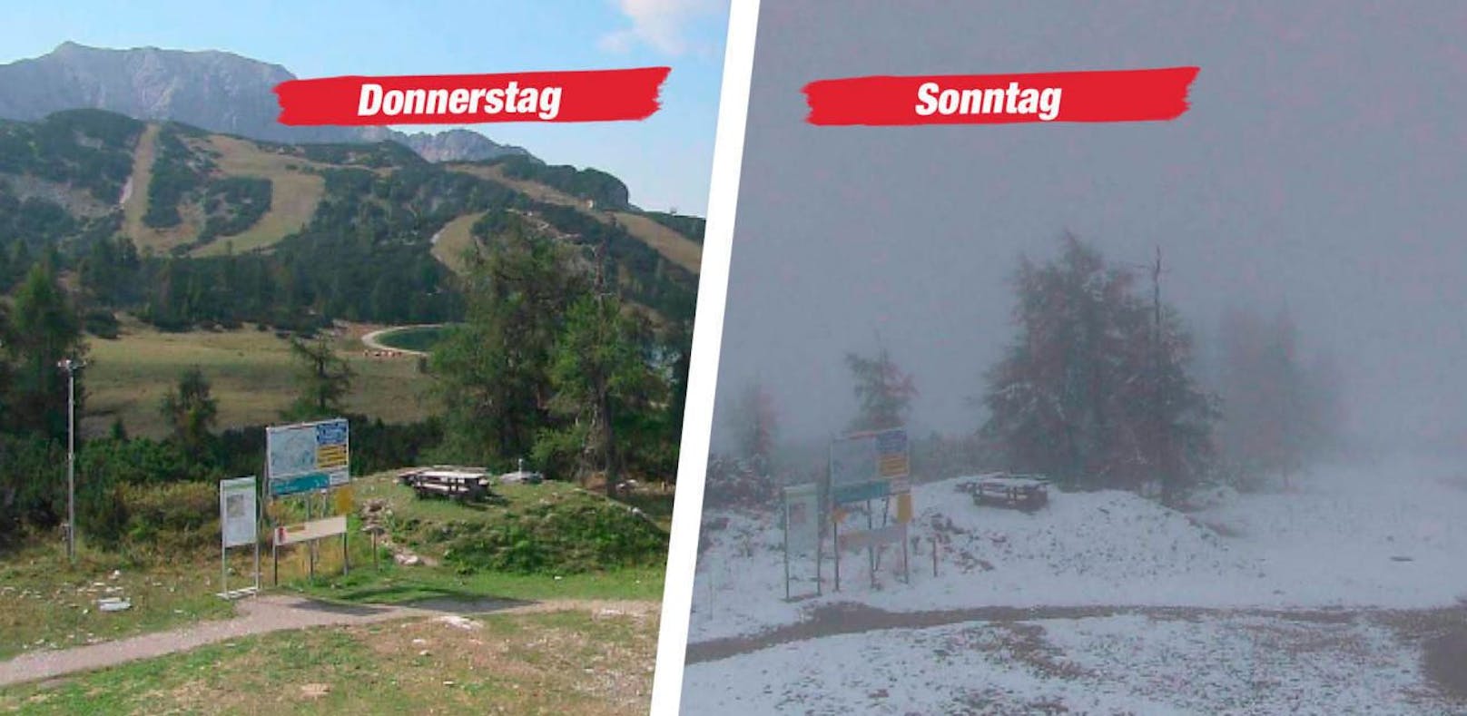 Der Vergleich zeigt: Noch am Donnerstag herrschte auf der Höss in OÖ traumhaftes Sommerwetter. Drei Tage später herrscht tiefster Winter.