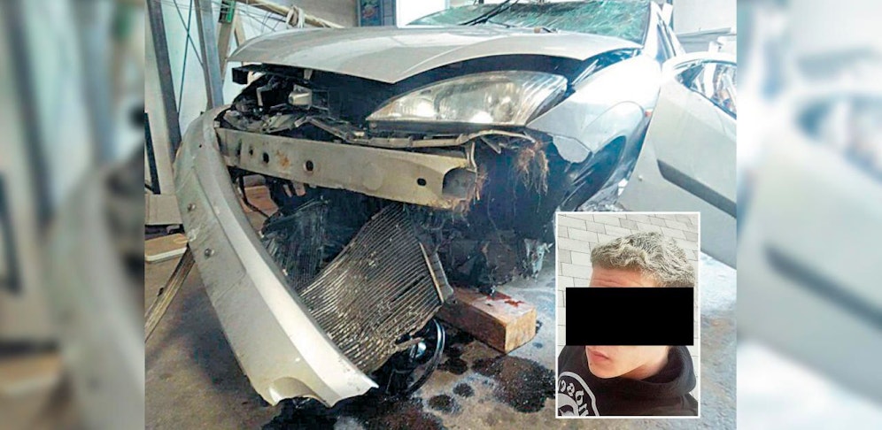 Der Angeklagte (18, kl. Foto) und das Wrack.