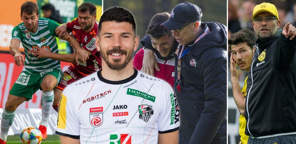 Milos Jojic ist Wolfsbergs Wintertransfer-Coup. Seine Erfahrungen mit Dortmund unter Startrainer Jürgen Klopp (r.) und Köln unter Peter Stöger (m.) machen ihn zum Kärntner Hoffnungsträger im Spiel um Platz drei. Links ein Zweikampf aus dem Hinspiel zwischen zwei Spielern, die Jojic schon damals kannte: Nemanja Rnic (WAC) und Filip Stojkovic (Rapid).