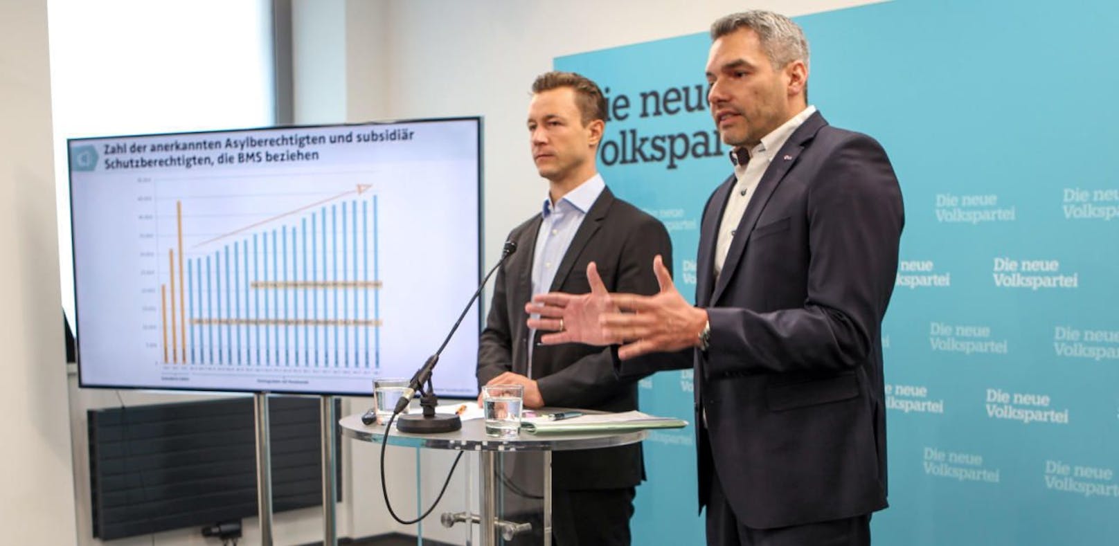 ÖVP-Wien-Chef Gernot Blümel und ÖAAB-Wien-Chef Karl Nehammer fordern eine Deckelung der Mindestsicherung in Wien.