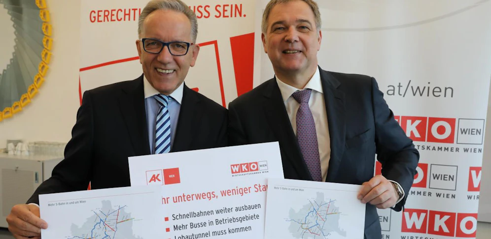 Arbeiterkammer-Präsident Rudi Kaske (links) und Wirtschaftskammer-Präsident Walter Ruck fordern unisono den S-Bahn-Ausbau für Wien.