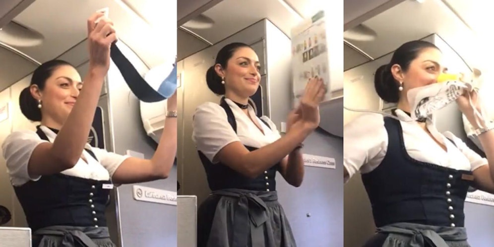 Die Stewardessen im Dirndl erklärten die Sicherheitsmaßnahmen