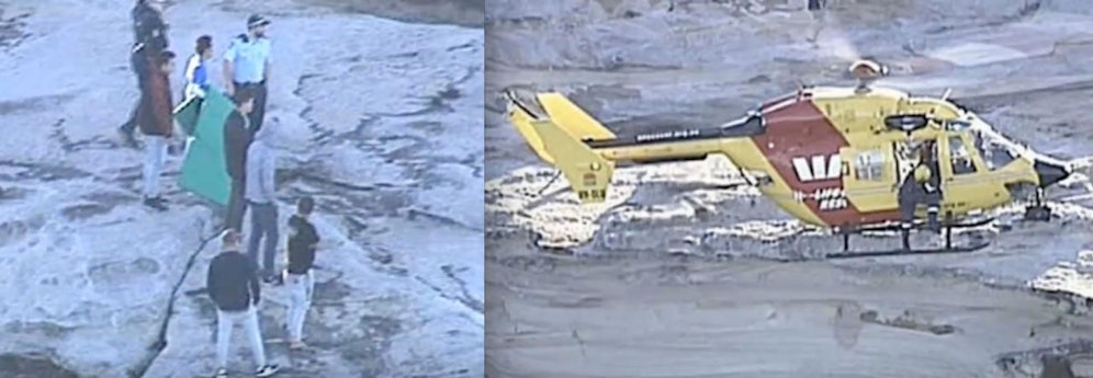 Verzweifelt: Freunde des Opfers (li.) und ein Rettungshubschrauber beim Sucheinsatz nach dem abgestürzten Urlauber. 