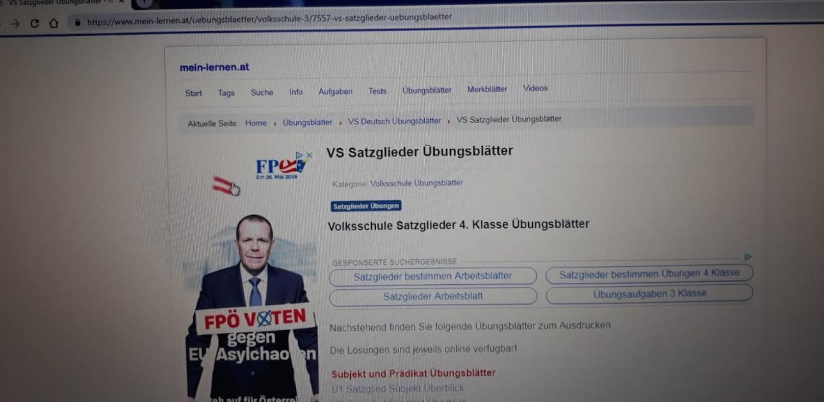 Auf einer Internetseite, von der sich Schüler Übungsblätter downloaden können, war diese FPÖ-Werbung zu sehen. Das wiederum empört die SPÖ.