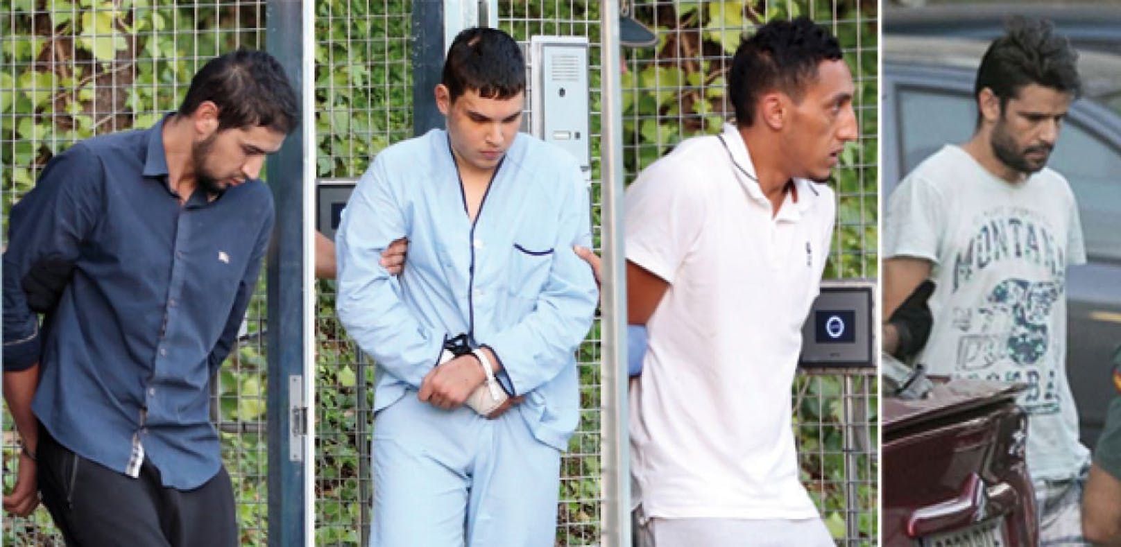 Salah El Karib, Mohamed Houli Chemlal, Driss Oukabir und Mohamed Aallaa auf dem Weg zum Haftrichter.