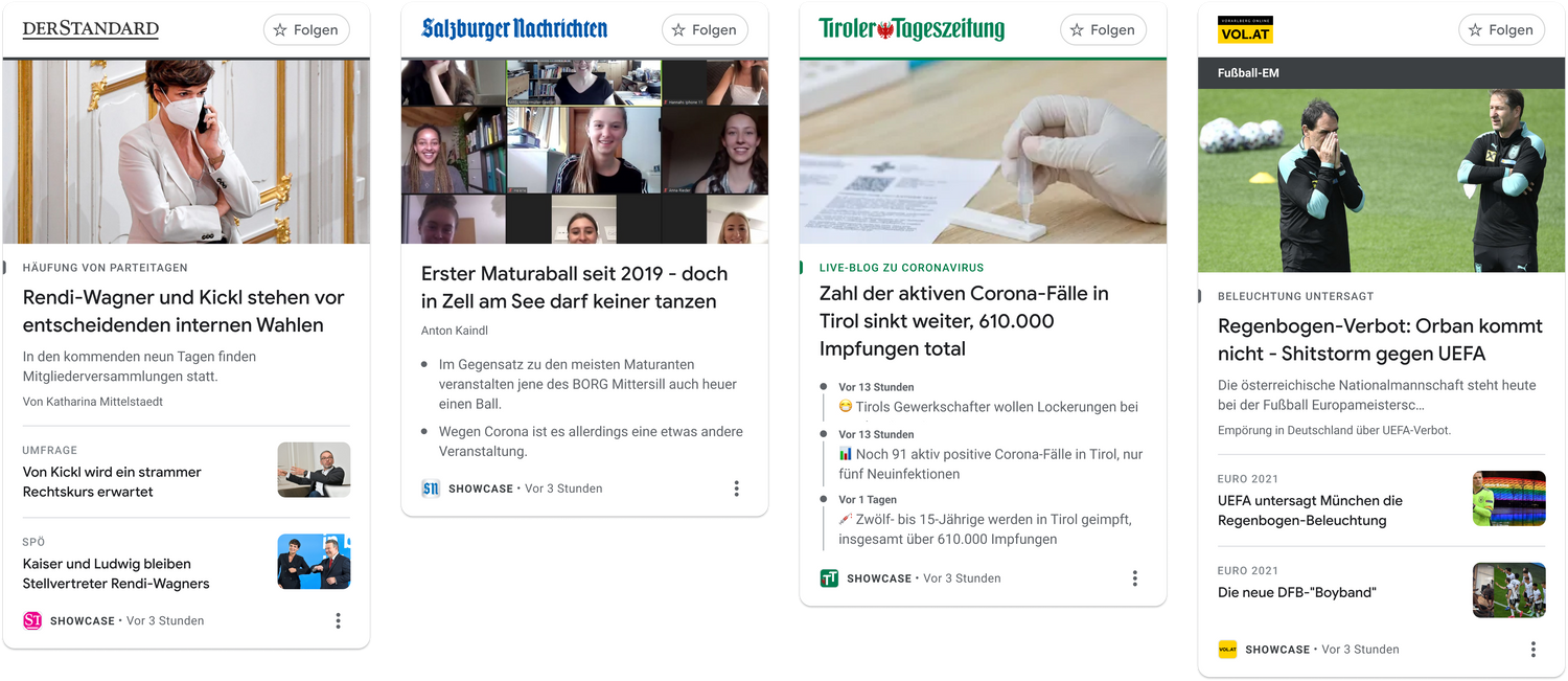 Ein Beispiel dafür, wie News Showcase Panels bei einigen Google News Showcase Partnern in Österreich aussehen.   