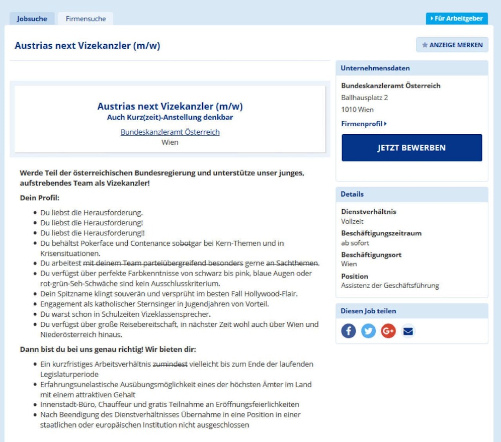 Das witzige Online-Inserat sucht "Austrias next Vizekanzler".