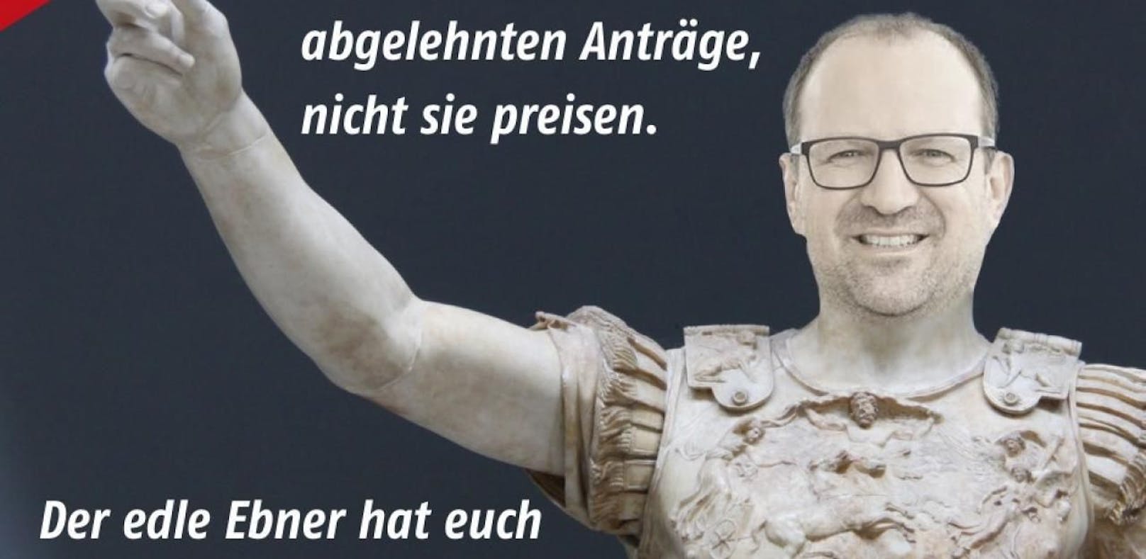 SPÖ-Parodie im Shakespeare-Gewand zeigt Bernhard Ebner (VP) in römischer Rüstung.
