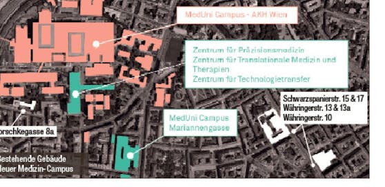 Ein riesiger neuer MedUni-Campus entsteht. Die türkisen Elemente sind neu. Bis 2030 sollen die Gebäude stehen.