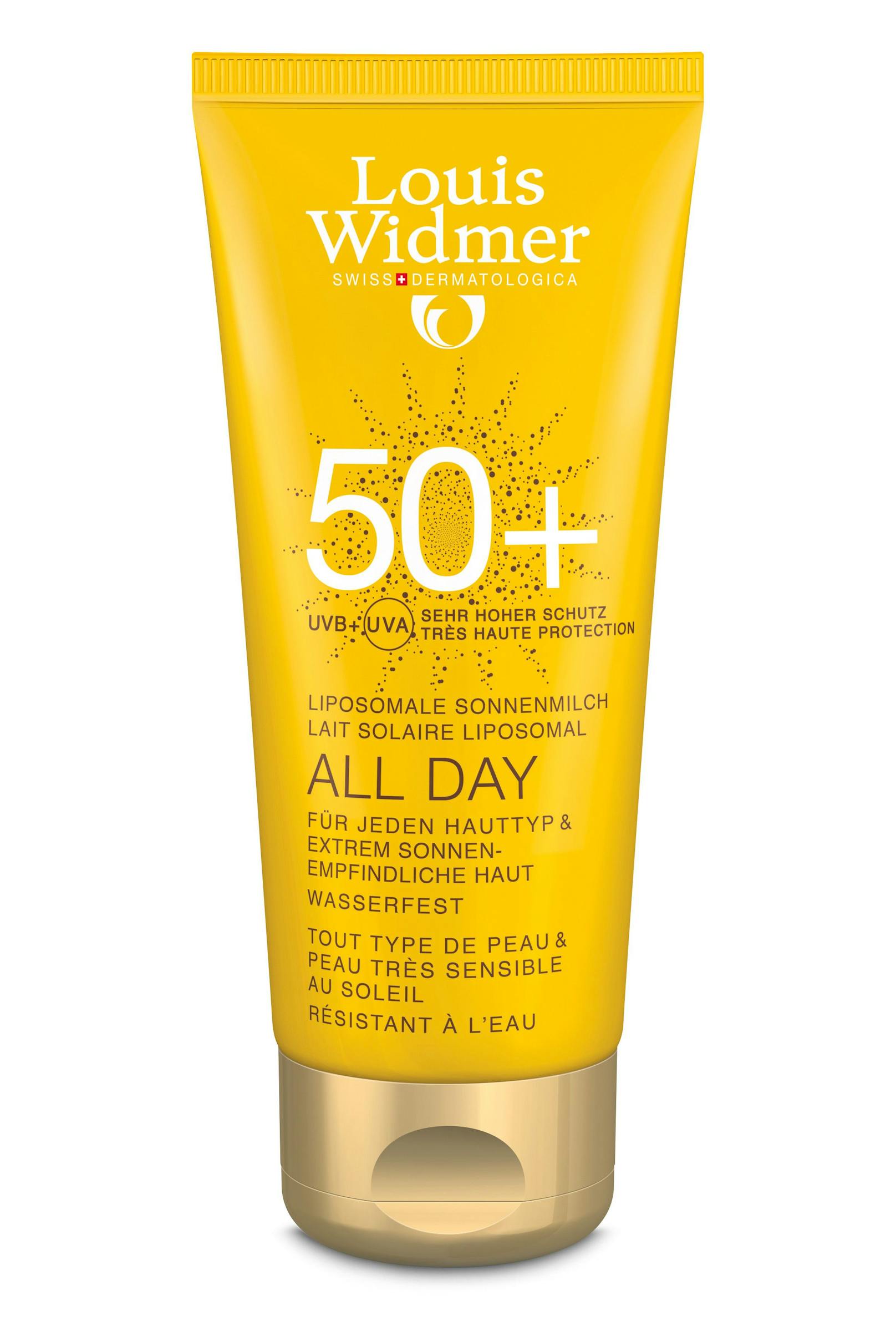 <strong>KÖRPER:</strong> Einen <strong>hohen UV-Schutz </strong>für jeden Hauttyp bietet die liposomale Sonnenmilch "All Day" von Louis Widmer (22,50 Euro).