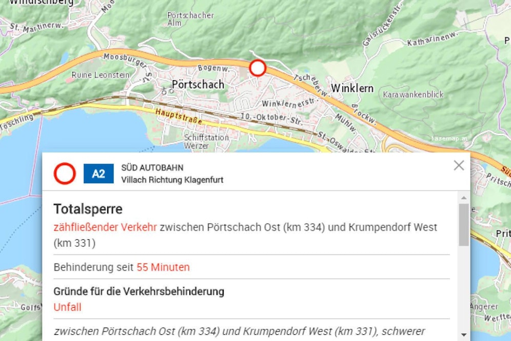 Verkehrsmeldung der ASFINAG in Folge des Unfalls.