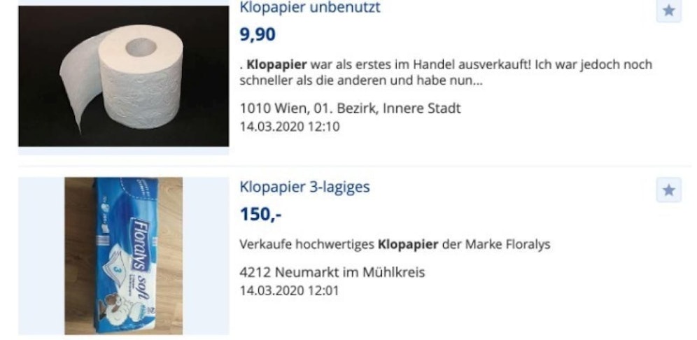 150 Euro für eine Packung Klopapier. Auf "willhaben" versucht so mancher, aus der Corona-Not Geld zu machen. 