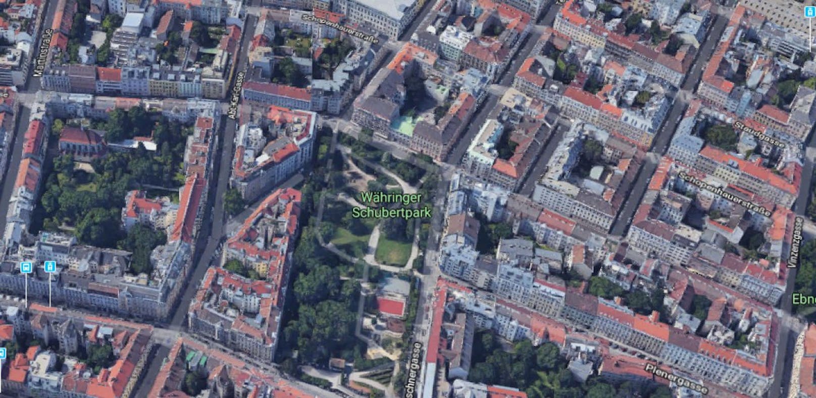 Die Schulgasse in Wien-Währing wird auf Höhe des Schubertparks zur Fußgängerzone.