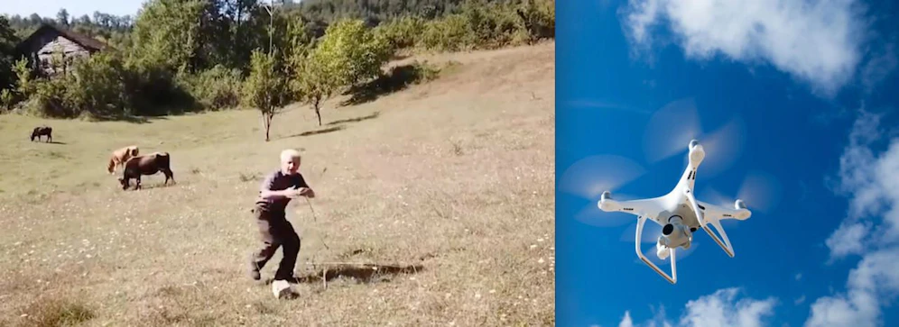Panik: Der Landwirt hat das unbekannte Flugobjekt entdeckt und zückt das Seil ...