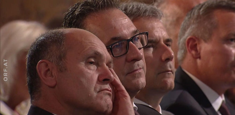 Nationalratspräsident Wolfgang Sobotka (ÖVP), Vizekanzler Heinz-Christian Strache (FPÖ), Finanzminister Hartwig Löger (ÖVP) bei der Rede von Köhlmeier.